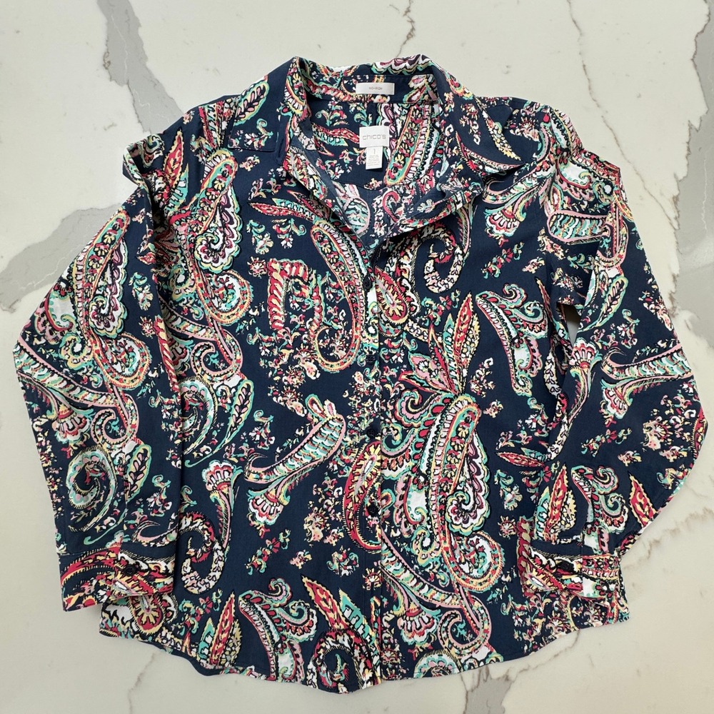 Chico's Paisley Button up Shirt Size 1 Navy Blue No-Iron Cotton Long Sleeve - Picture 8 of 9